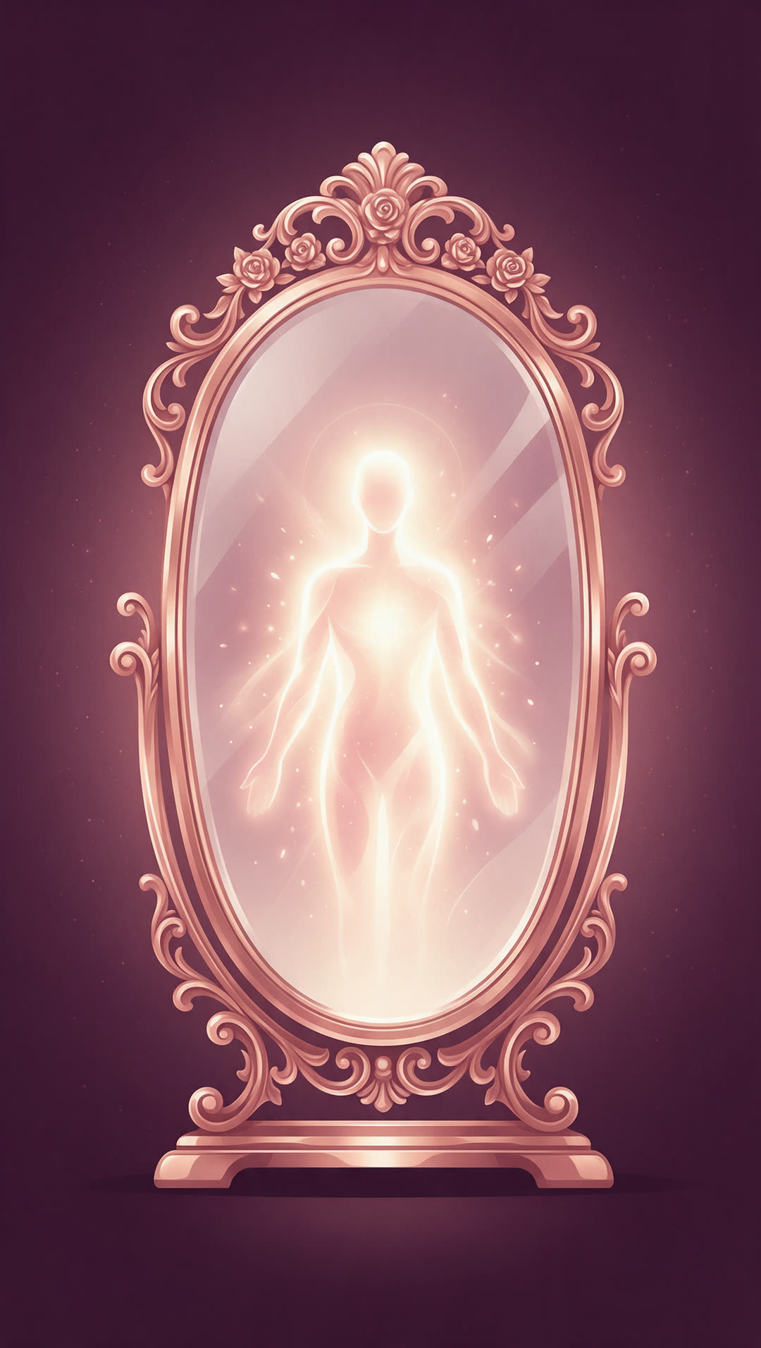 A glowing figure inside an ornate mirror