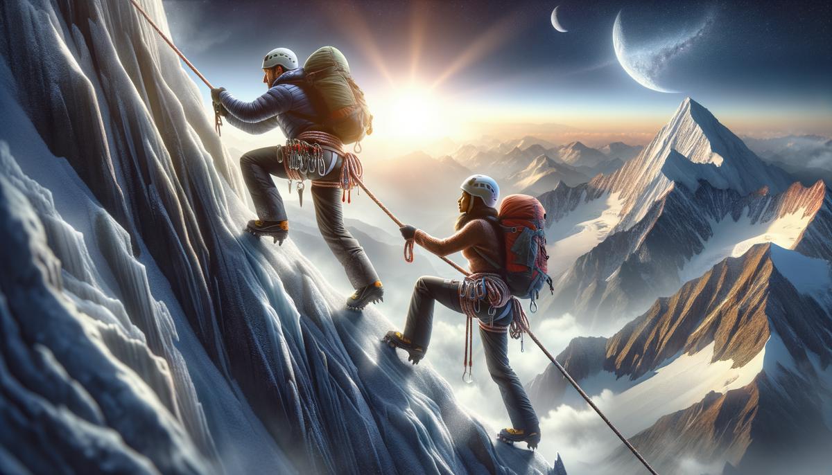 A realistic image of two climbers tethered together, ascending a mountain, symbolizing personal growth and commitment to a shared future