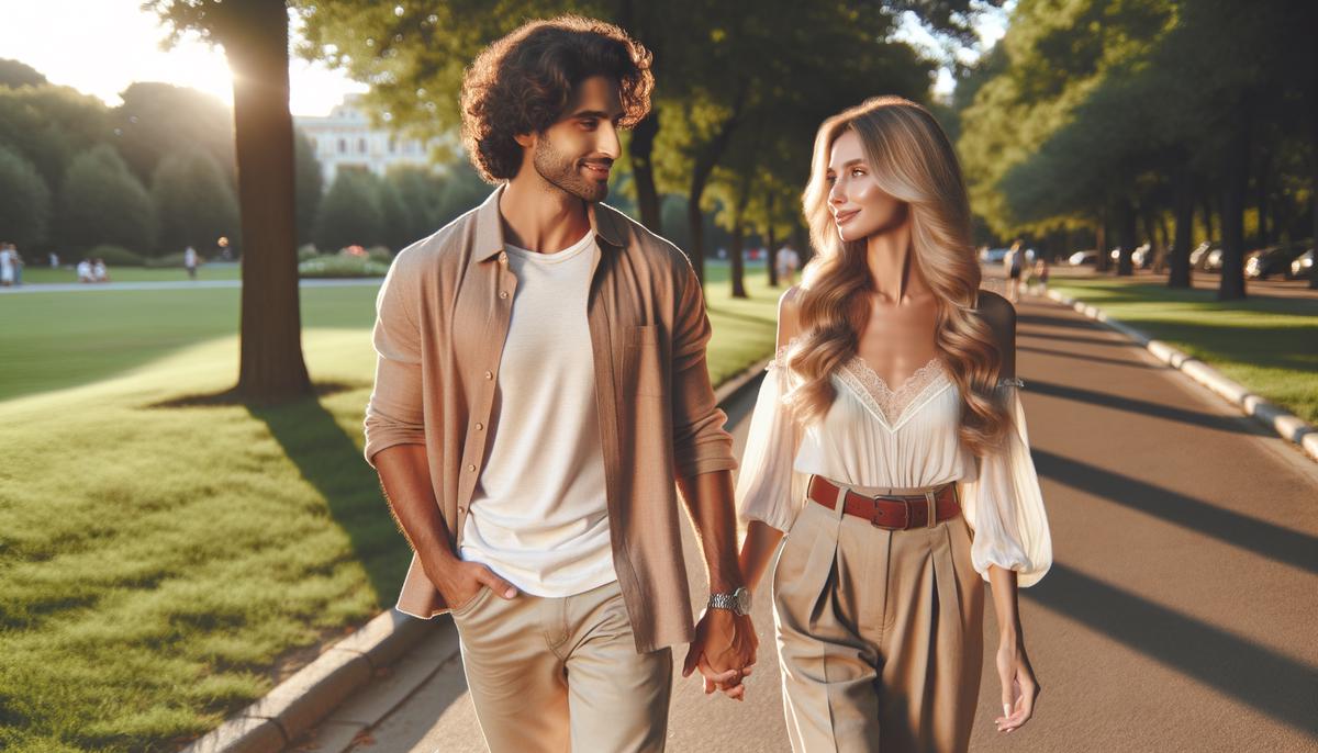 A realistic image depicting a couple holding hands and walking together in a park