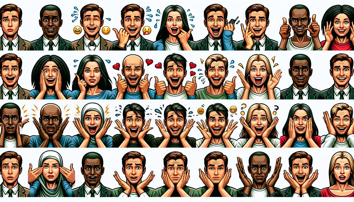 A variety of nonverbal communication gestures such as facial expressions, gestures, and posture indicating different emotions and connections
