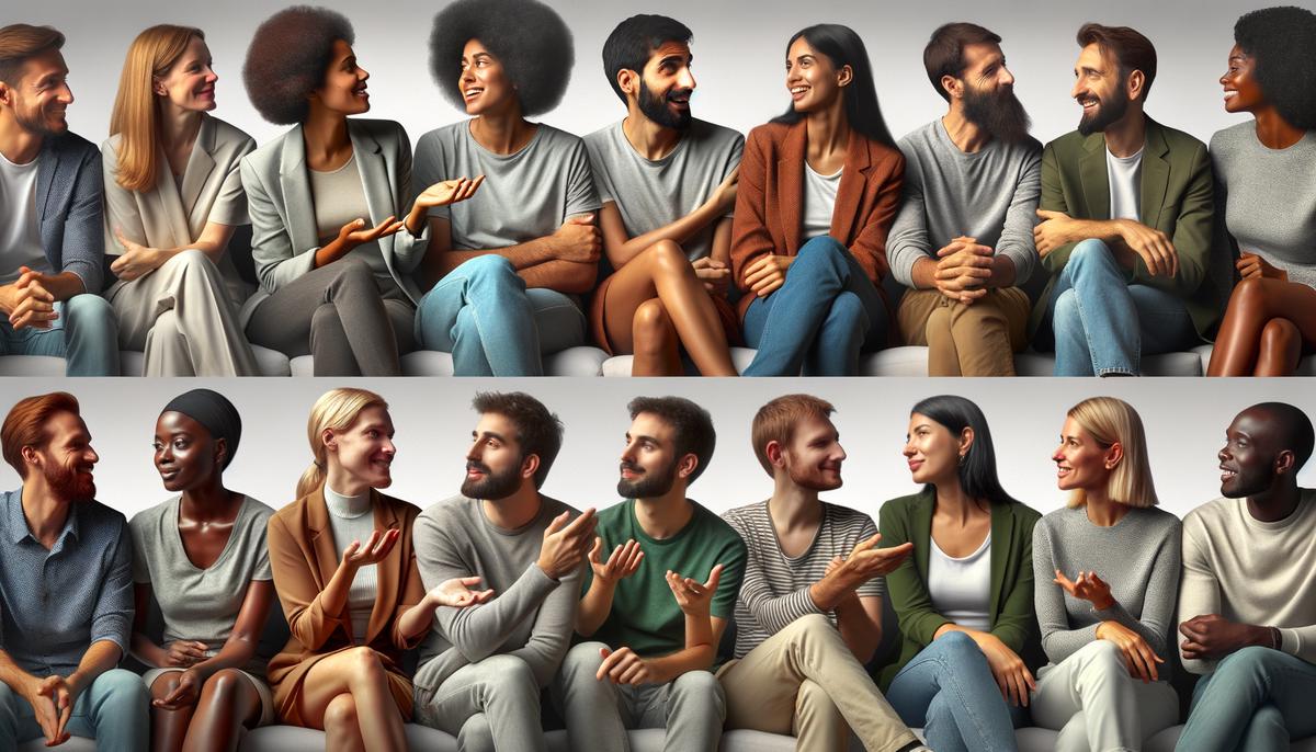 A diverse group of people engaged in genuine and comfortable conversations, showing authenticity in flirting techniques