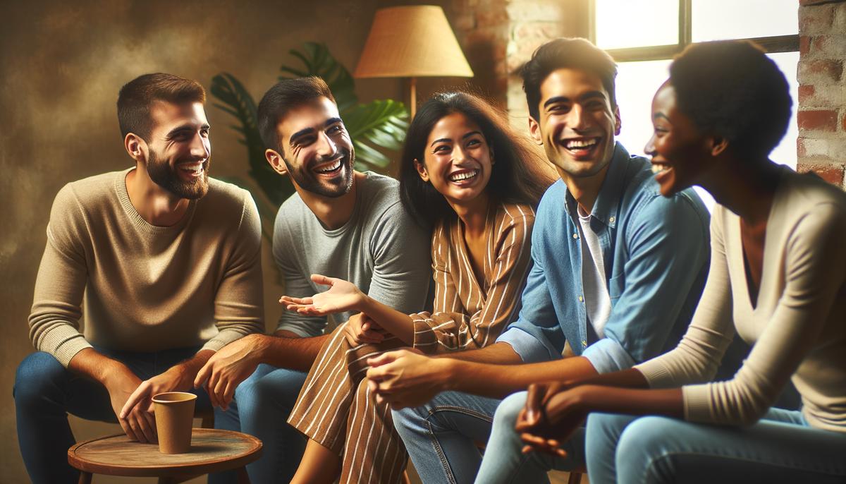A group of people laughing and enjoying a conversation in a social setting