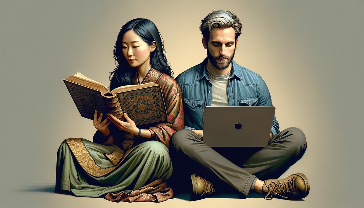 A realistic image depicting a couple sitting together, one reading a book while the other works on a laptop, showcasing compatibility in a relationship