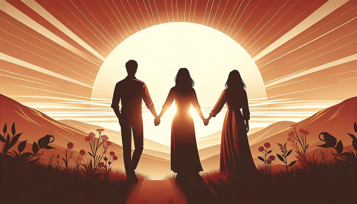 Illustration of a couple holding hands and facing a sunrise, symbolizing unity and positivity in navigating life transitions