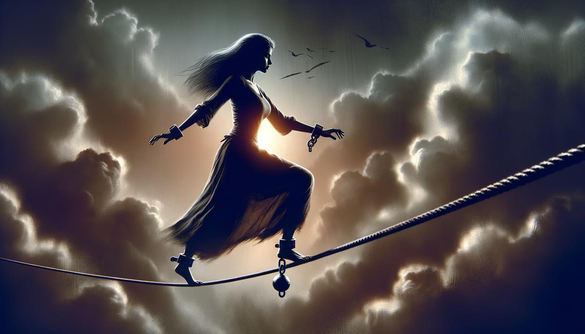 A realistic image depicting a person standing on a tightrope with heavy shackles on their feet, symbolizing the struggle of navigating relationships with trust issues