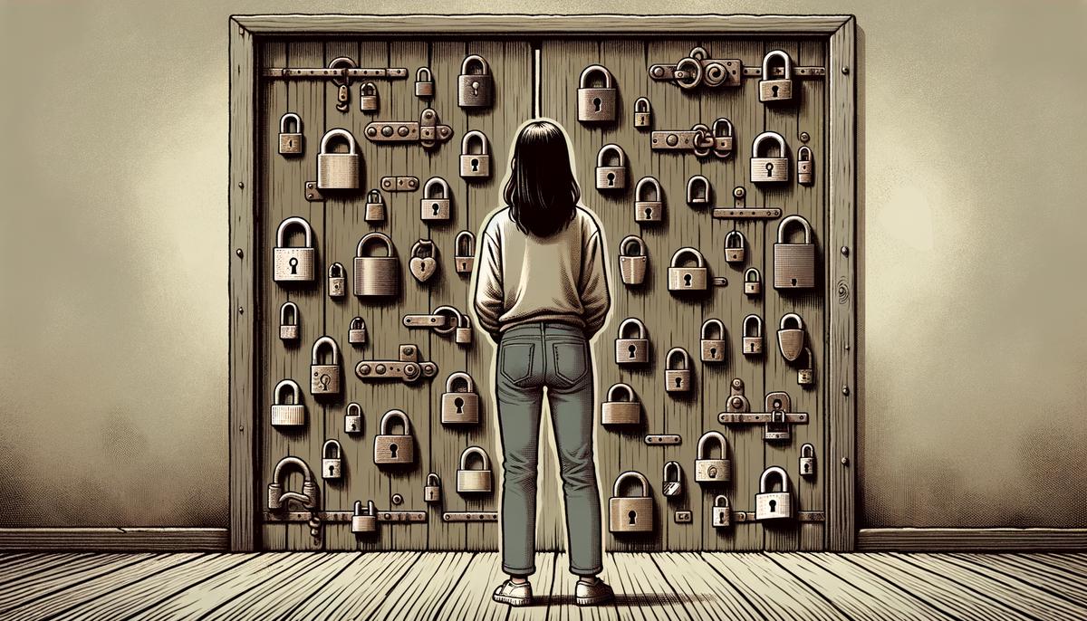 A realistic image depicting a person standing in front of a closed door with multiple locks, symbolizing trust issues