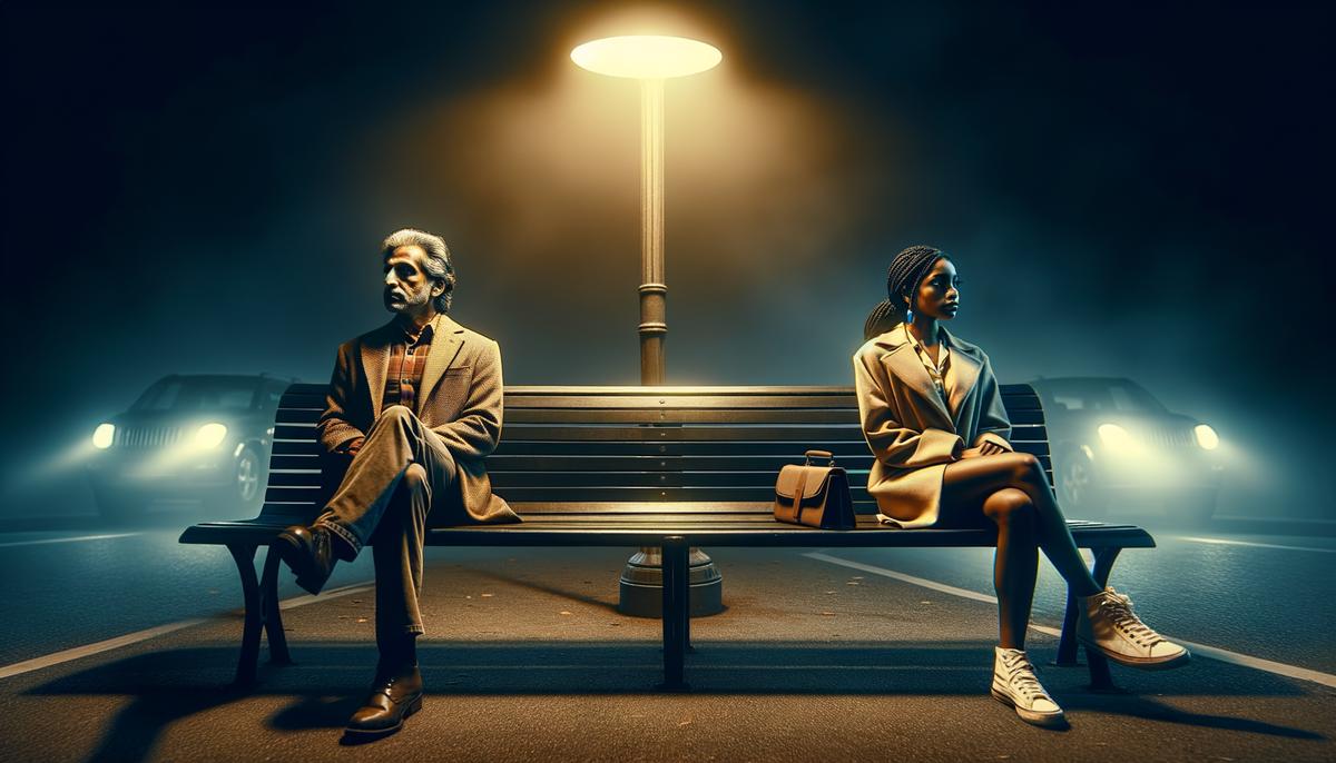 A realistic image depicting a couple sitting apart, looking distant and disconnected, symbolizing trust issues in a romantic relationship