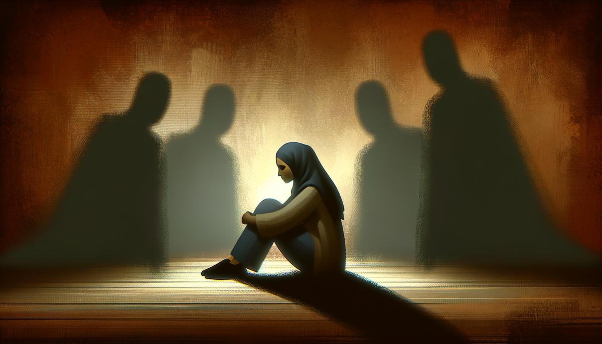 A realistic image depicting a person sitting alone, looking contemplative and surrounded by shadowy figures symbolizing trust issues